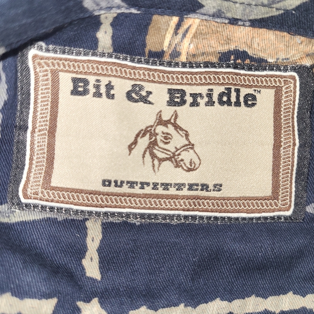 Bit & Bridle Men's Short Sleeve Button Down Shirt Size Large Black Tan Horseshoe - Picture 6 of 7